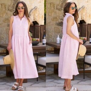 Frank & Eileen Linen Daphne Sun Dress Small S Pink & White Striped Sleeveless